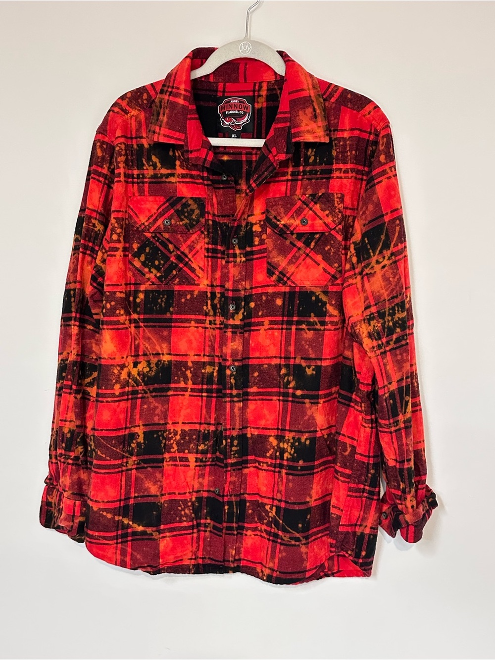 Angry Minnow Flannel Red Distressed Plaid Button Down Shirt Graphic Back Print - Picture 3 of 5